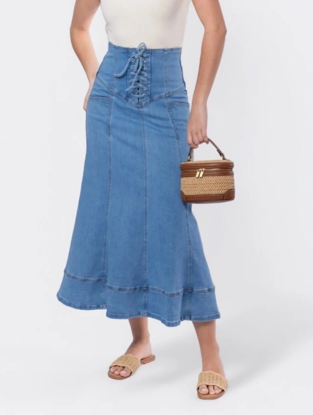 Yakira Bella High-Waist Lace-Up Denim Maxi Skirt - Blue